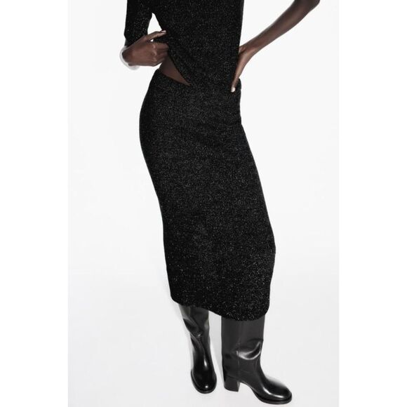 Black Zara Metallic Thread Boucle Elastic Waist Knit Pencil Midi Skirt (NWT) - Picture 3 of 10